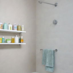 A modern, brightly lit bathroom with stylish stick-on shower shelves holding assorted bathing products