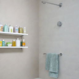 A modern, brightly lit bathroom with stylish stick-on shower shelves holding assorted bathing products