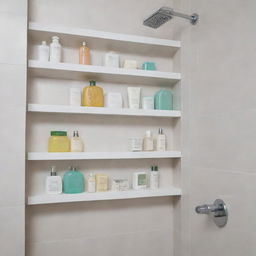 A modern, brightly lit bathroom with stylish stick-on shower shelves holding assorted bathing products