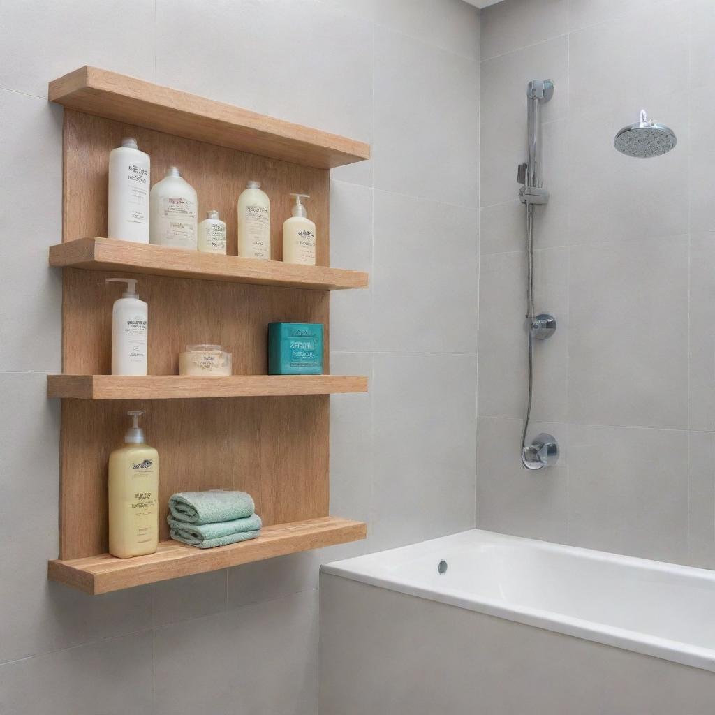 A modern, brightly lit bathroom with stylish stick-on shower shelves holding assorted bathing products