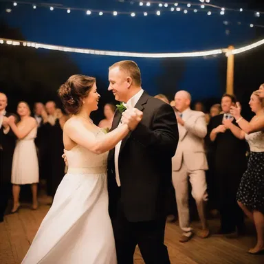 The couple danced to the energetic and lively bebop music under the starry night, creating a romantic atmosphere.