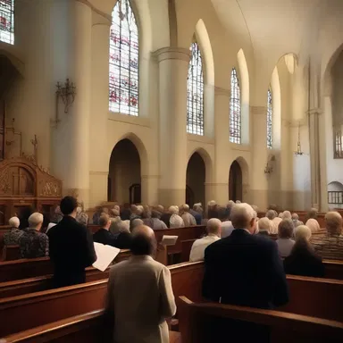 The congregation gathered in the church to worship, and the band played bebop hymns during the religious ceremony.