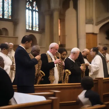 The congregation gathered in the church to worship, and the band played bebop hymns during the religious ceremony.