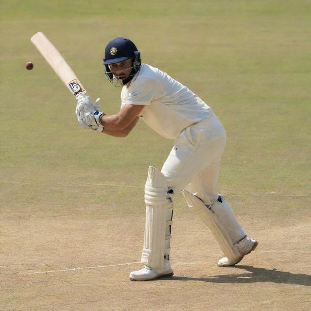 A dynamic cricket player in action on a sunlit field, poised to hit a cricket ball with a wooden bat