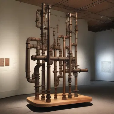 The sculpture exhibit featured a stunning installation created by a pipe fitter, who skillfully manipulated pipes and fixtures into a magnificent artwork.