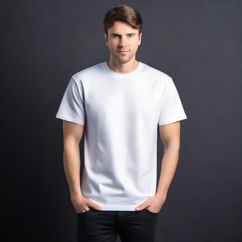 An image showcasing a white unisex T-shirt, positioned centrally against a contrasting black and white studio background