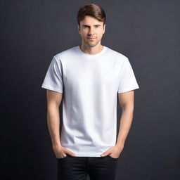 An image showcasing a white unisex T-shirt, positioned centrally against a contrasting black and white studio background