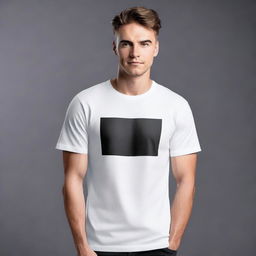 An image showcasing a white unisex T-shirt, positioned centrally against a contrasting black and white studio background