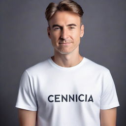 An image showcasing a white unisex T-shirt, positioned centrally against a contrasting black and white studio background