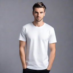 An image showcasing a white unisex T-shirt, positioned centrally against a contrasting black and white studio background