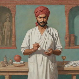 An illustration of Sushruta, the ancient Indian surgeon, dressed in traditional garb, holding surgical tools, with a backdrop of an ancient Indian medical scene.