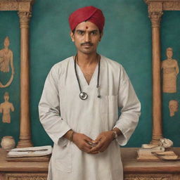 An illustration of Sushruta, the ancient Indian surgeon, dressed in traditional garb, holding surgical tools, with a backdrop of an ancient Indian medical scene.