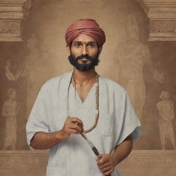 An illustration of Sushruta, the ancient Indian surgeon, dressed in traditional garb, holding surgical tools, with a backdrop of an ancient Indian medical scene.