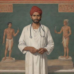 An illustration of Sushruta, the ancient Indian surgeon, dressed in traditional garb, holding surgical tools, with a backdrop of an ancient Indian medical scene.