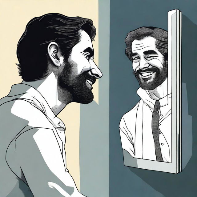 A high-quality digital art image portraying a melancholic man looking into a mirror