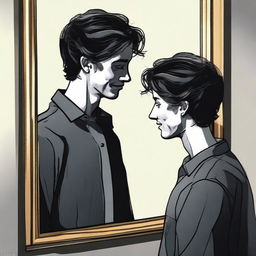 A high-quality digital art image portraying a melancholic man looking into a mirror