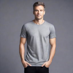 This is a high-quality, professional studio photograph presenting a gray unisex T-shirt