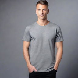 This is a high-quality, professional studio photograph presenting a gray unisex T-shirt