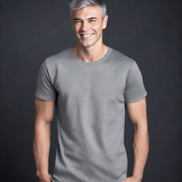 This is a high-quality, professional studio photograph presenting a gray unisex T-shirt