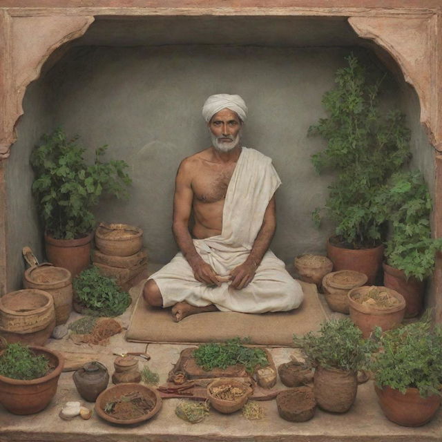A depiction of Shushrut, the renowned ancient Indian surgeon, in the middle of a complex, yet calm, surgical procedure, surrounded by his medicinal herbs and tools, in an ancient Indian setting.