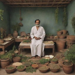 A depiction of Shushrut, the renowned ancient Indian surgeon, in the middle of a complex, yet calm, surgical procedure, surrounded by his medicinal herbs and tools, in an ancient Indian setting.