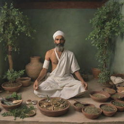 A depiction of Shushrut, the renowned ancient Indian surgeon, in the middle of a complex, yet calm, surgical procedure, surrounded by his medicinal herbs and tools, in an ancient Indian setting.