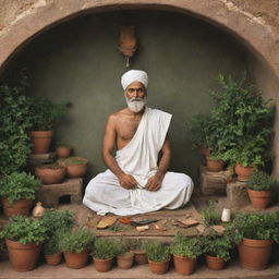 A depiction of Shushrut, the renowned ancient Indian surgeon, in the middle of a complex, yet calm, surgical procedure, surrounded by his medicinal herbs and tools, in an ancient Indian setting.