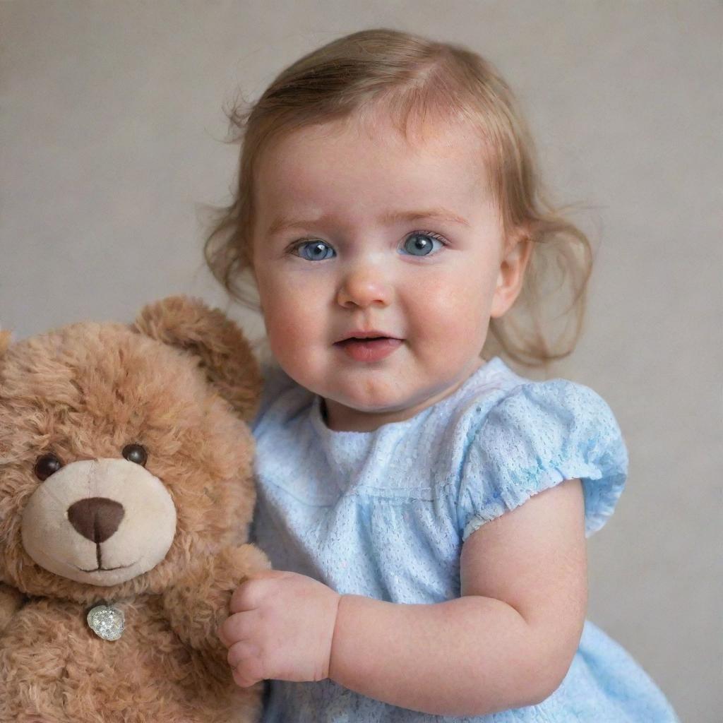 Adorable baby girl with rosy cheeks and sparkling blue eyes, playing with her fluffy brown teddy bear