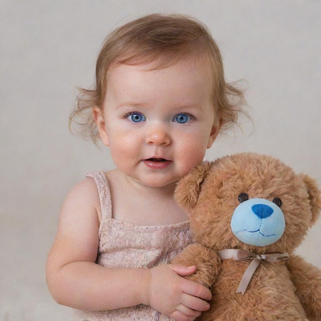 Adorable baby girl with rosy cheeks and sparkling blue eyes, playing with her fluffy brown teddy bear