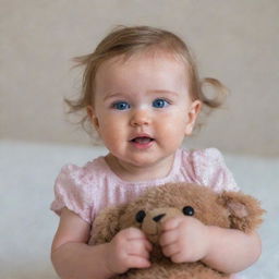 Adorable baby girl with rosy cheeks and sparkling blue eyes, playing with her fluffy brown teddy bear