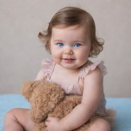 Adorable baby girl with rosy cheeks and sparkling blue eyes, playing with her fluffy brown teddy bear