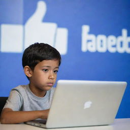 A young boy intently using social media on his laptop, with a large, clear logo of Facebook subtly incorporated into the background.