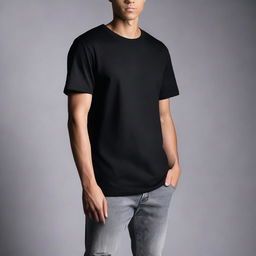 A high-quality, professional studio photograph featuring a black unisex T-shirt