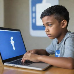 A young boy intently using social media on his laptop, with a large, clear logo of Facebook subtly incorporated into the background.