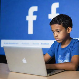 A young boy intently using social media on his laptop, with a large, clear logo of Facebook subtly incorporated into the background.