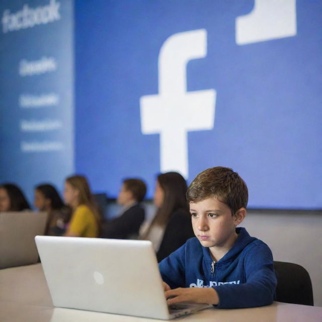 A young boy intently using social media on his laptop, with a large, clear logo of Facebook subtly incorporated into the background.