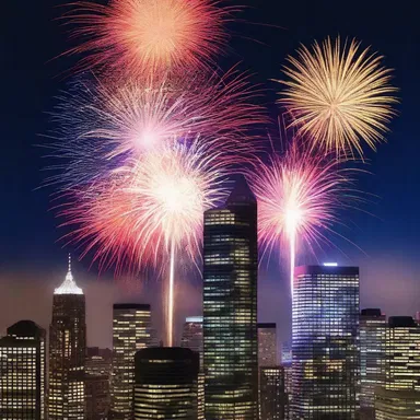 The skyscrapers in the city skyline appear like a beautiful array of fireworks soaring high into the sky.