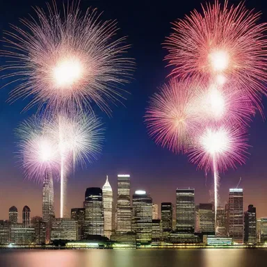 The skyscrapers in the city skyline appear like a beautiful array of fireworks soaring high into the sky.