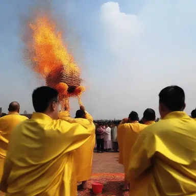During the religious ceremony, worshippers released a skyrocket as an offering to the gods.