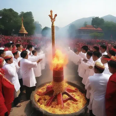 During the religious ceremony, worshippers released a skyrocket as an offering to the gods.