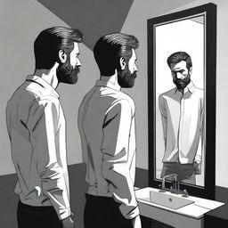 A high-quality digital art image illustrating an unkempt man observing his reflection in a mirror