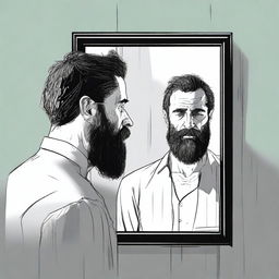 A high-quality digital art image illustrating an unkempt man observing his reflection in a mirror