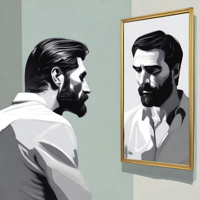 A high-quality digital art image illustrating an unkempt man observing his reflection in a mirror