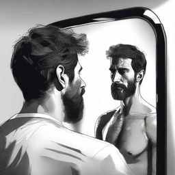 A high-quality digital art image illustrating an unkempt man observing his reflection in a mirror