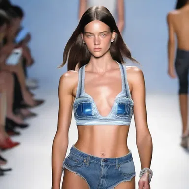 The model walked down the runway guzzling a bottle of water, portraying a carefree and rebellious attitude.