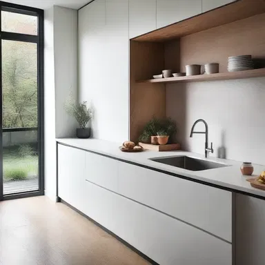 The modern and minimalist kitchen design features a sleek sink that allows for easy guzzling of water while doing the dishes.