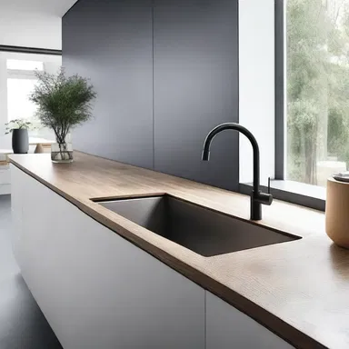 The modern and minimalist kitchen design features a sleek sink that allows for easy guzzling of water while doing the dishes.