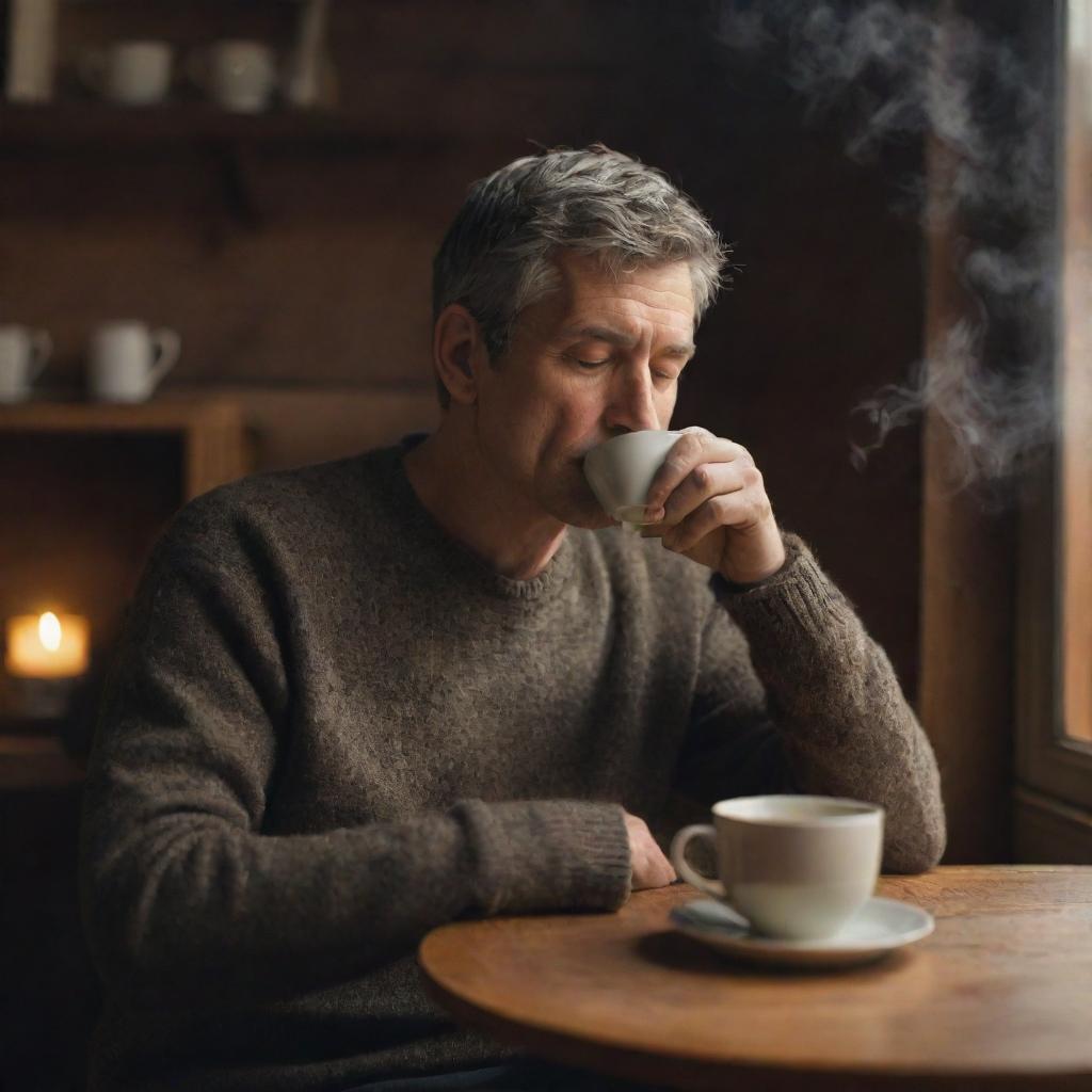 A serene, introspective man leisurely sipping a hot cup of tea. He is seated in a cozy, warmly-lit environment, with steam lazily rising from the cup.