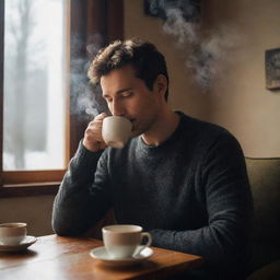 A serene, introspective man leisurely sipping a hot cup of tea. He is seated in a cozy, warmly-lit environment, with steam lazily rising from the cup.