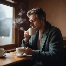 A serene, introspective man leisurely sipping a hot cup of tea. He is seated in a cozy, warmly-lit environment, with steam lazily rising from the cup.